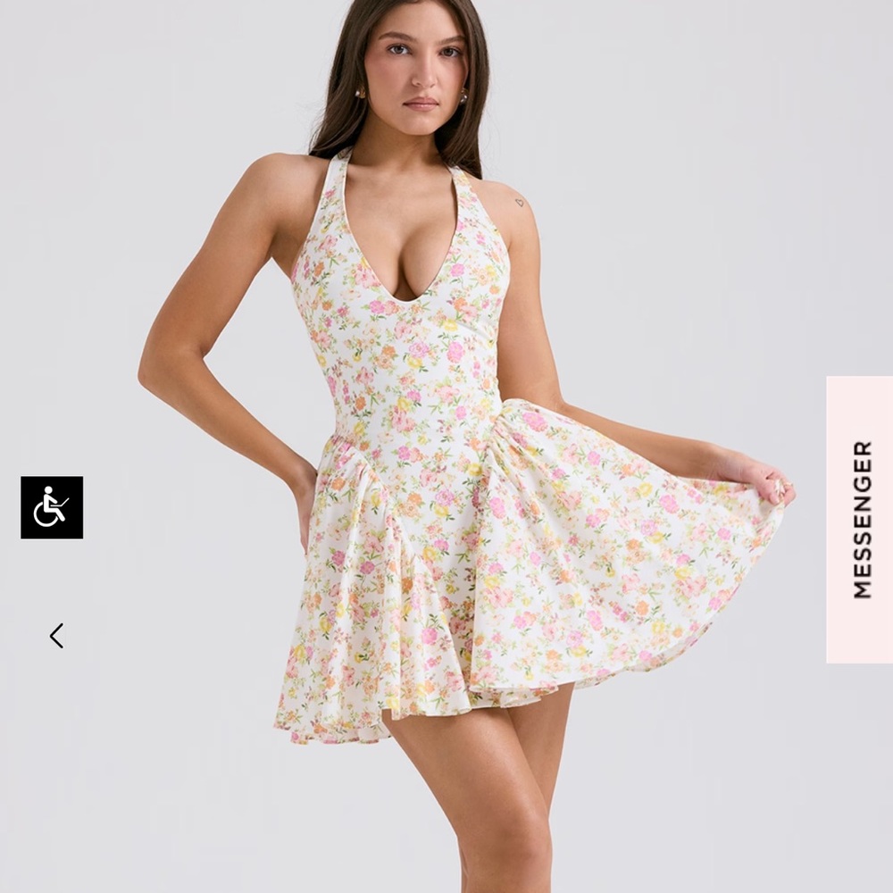 House of CB White Floral Halter Mini Dress with Pink and Yellow Flowers
